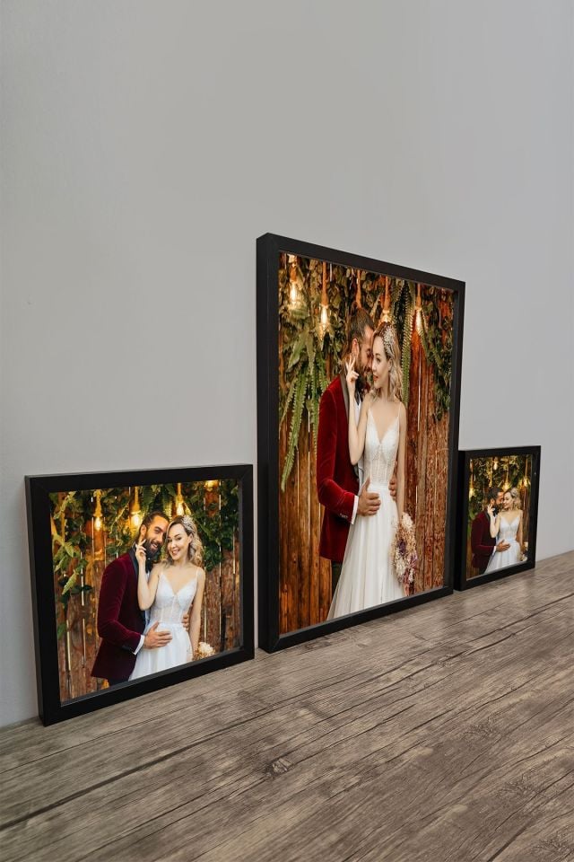 40x55 & 2 AD. 25x25 3'lü Set Lüks Lake Kaplama Ahşap Duvar Çerçevesi (Kişiye Özel Fotoğraflarınızla)    Siyah