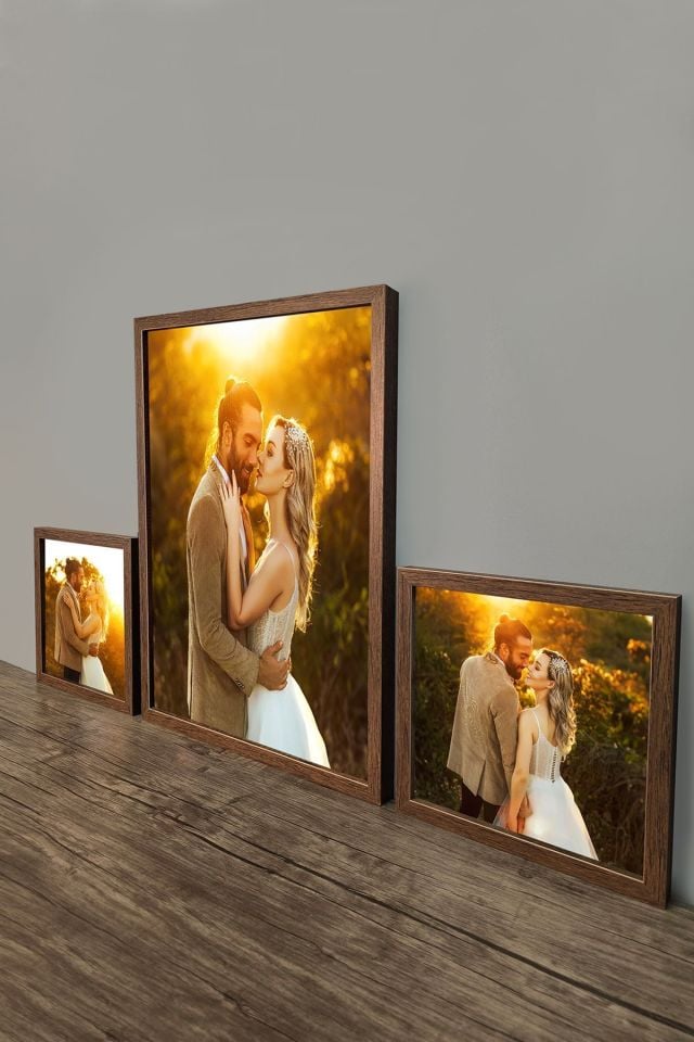 40x55 & 2 AD. 25x25 3'lü Set Lüks Lake Kaplama Ahşap Duvar Çerçevesi (Kişiye Özel Fotoğraflarınızla)  CEVİZ