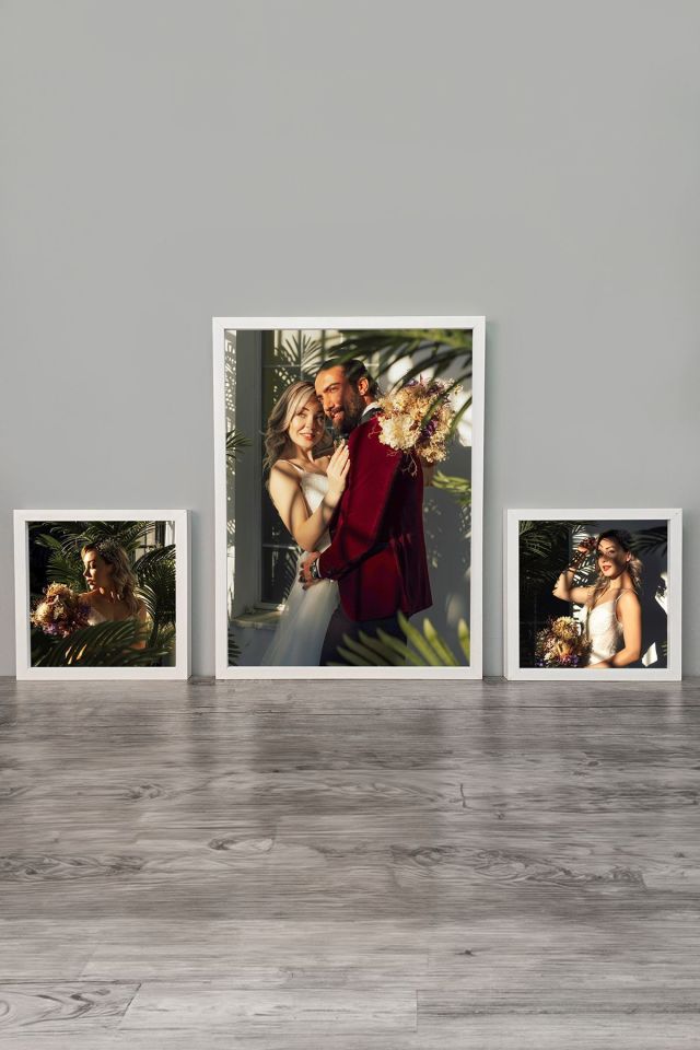 40x55 & 2 AD. 25x25 3'lü Set Lüks Lake Kaplama Ahşap Duvar Çerçevesi (Kişiye Özel Fotoğraflarınızla) BEYAZ