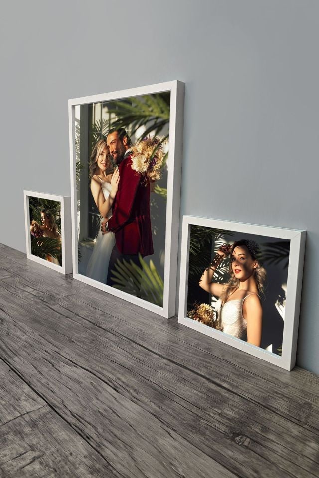 40x55 & 2 AD. 25x25 3'lü Set Lüks Lake Kaplama Ahşap Duvar Çerçevesi (Kişiye Özel Fotoğraflarınızla) BEYAZ