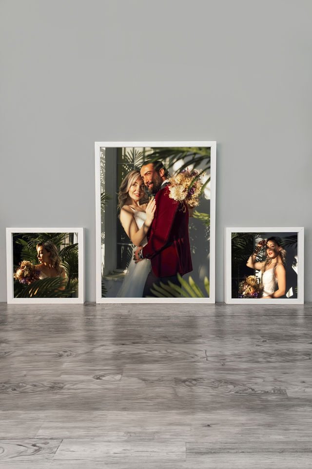 40X55 1 Adet ve 25x25 2 Adet  Lüks Lake Kaplama Ahşap Duvar Çerçevesi 3'lü Paket (Kişiye Özel Fotoğraflı) Beyaz