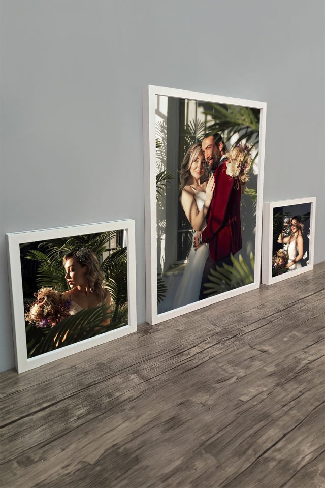 40X55 1 Adet ve 25x25 2 Adet  Lüks Lake Kaplama Ahşap Duvar Çerçevesi 3'lü Paket (Kişiye Özel Fotoğraflı) Beyaz