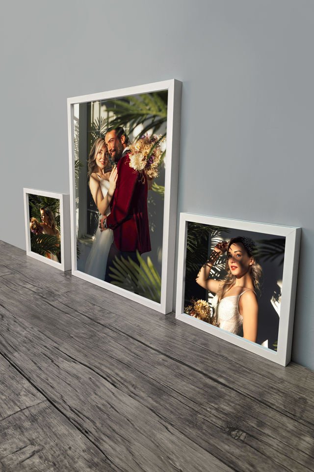 40X55 1 Adet ve 25x25 2 Adet  Lüks Lake Kaplama Ahşap Duvar Çerçevesi 3'lü Paket (Kişiye Özel Fotoğraflı) Beyaz