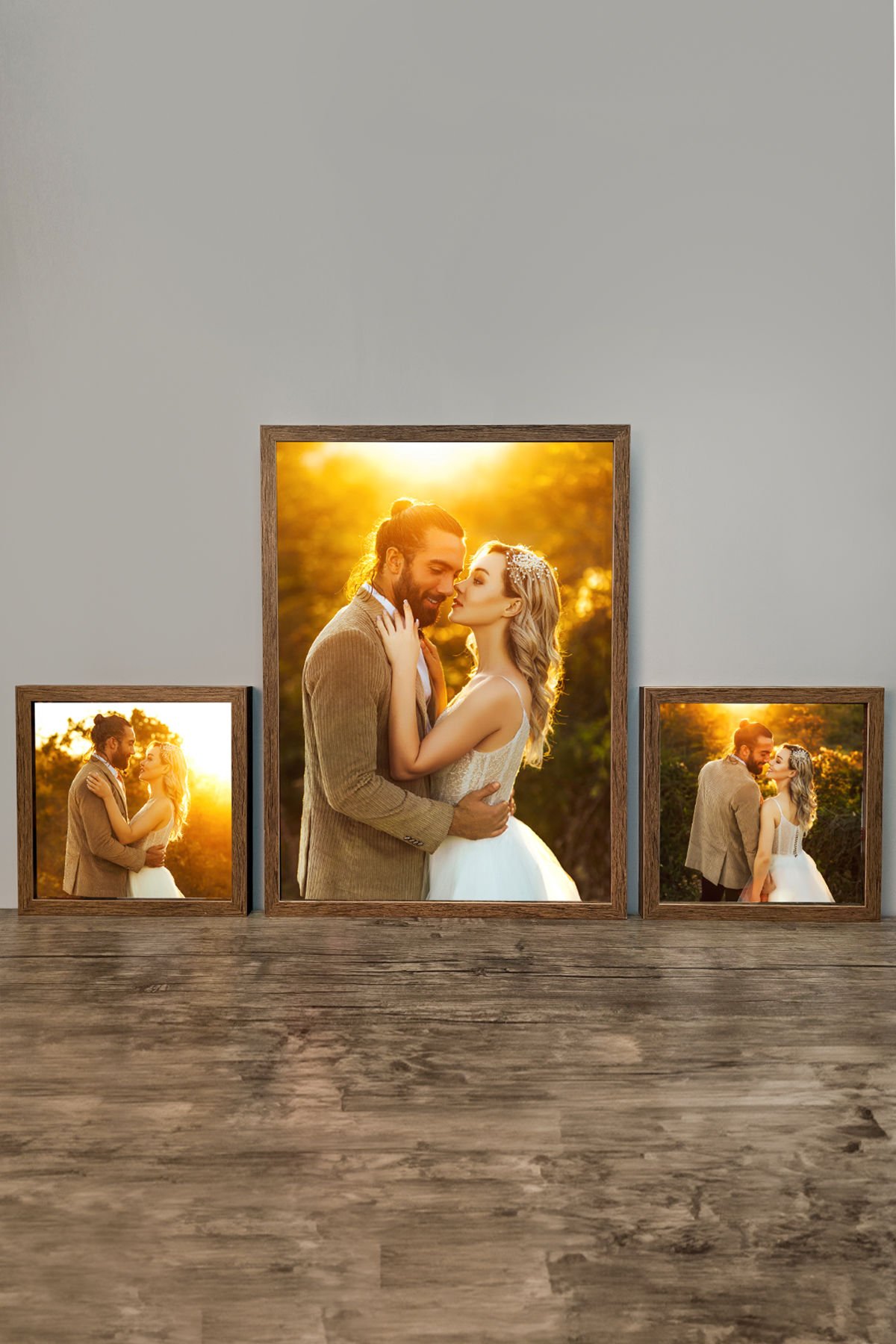 40X55 1 Adet ve 25x25 2 Adet  Lüks Lake Kaplama Ahşap Duvar Çerçevesi 3'lü Paket (Kişiye Özel Fotoğraflı) Kahverengi