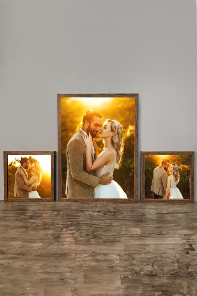 40X55 1 Adet ve 25x25 2 Adet  Lüks Lake Kaplama Ahşap Duvar Çerçevesi 3'lü Paket (Kişiye Özel Fotoğraflı) Kahverengi