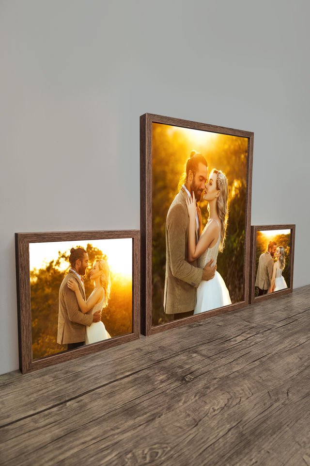 40X55 1 Adet ve 25x25 2 Adet  Lüks Lake Kaplama Ahşap Duvar Çerçevesi 3'lü Paket (Kişiye Özel Fotoğraflı) Kahverengi