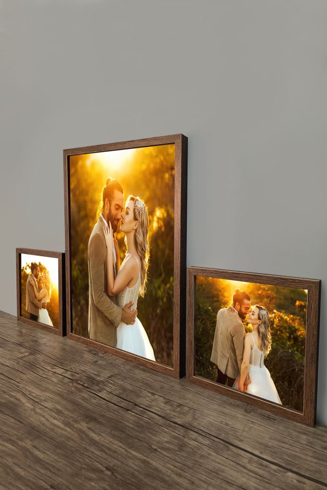 40X55 1 Adet ve 25x25 2 Adet  Lüks Lake Kaplama Ahşap Duvar Çerçevesi 3'lü Paket (Kişiye Özel Fotoğraflı) Kahverengi